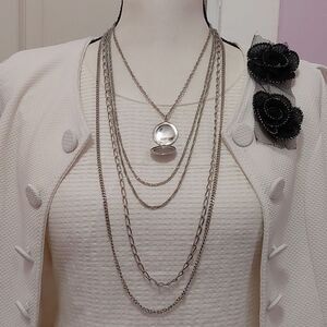 Vintage CITATION Multistrand 5 Layers Silver Tone Necklace Ornate Deco Pendant